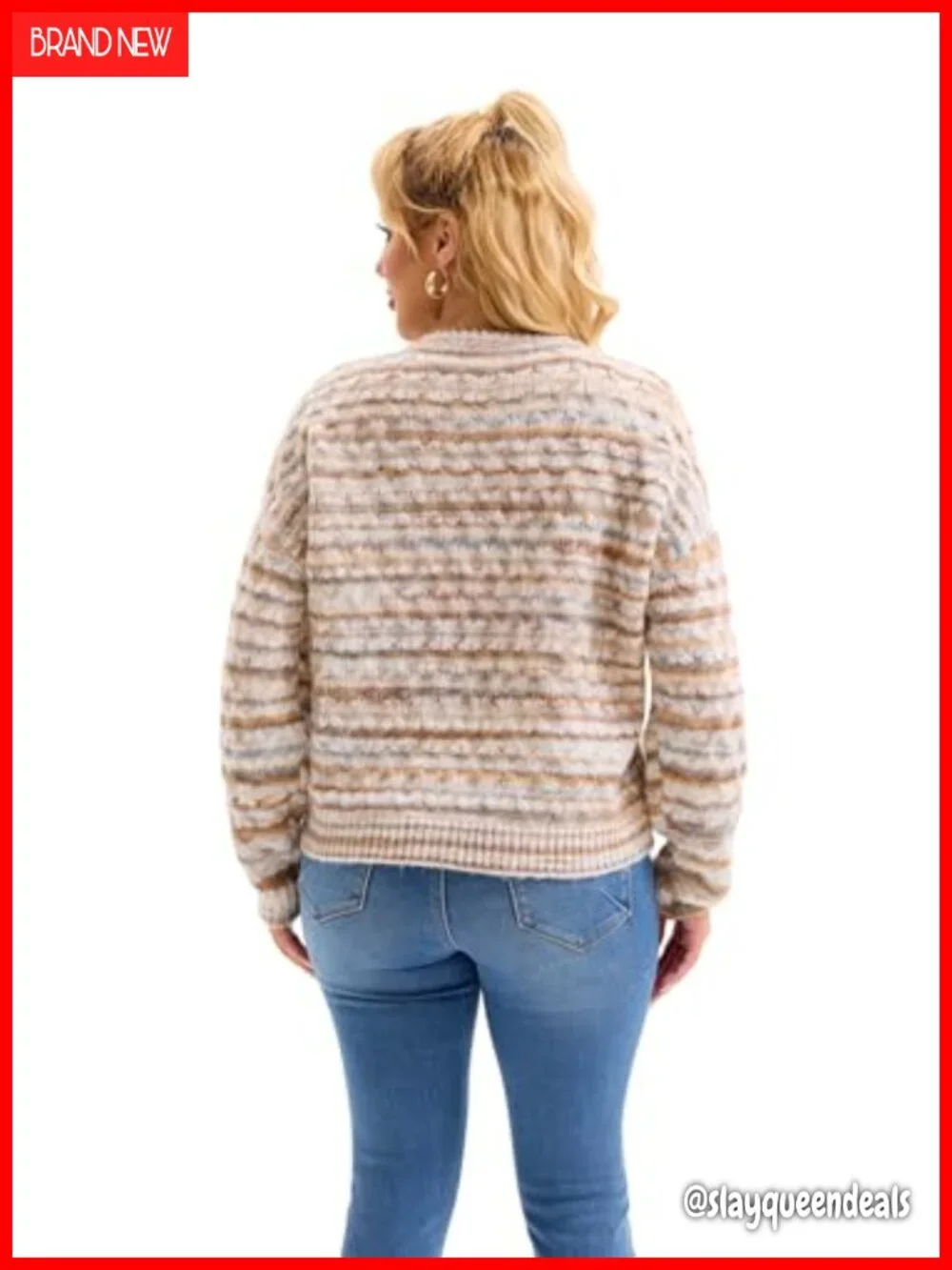 Striped Cable Knit Chunky Pullover Sweater Crewneck Long Sleeve Fall Winter Top